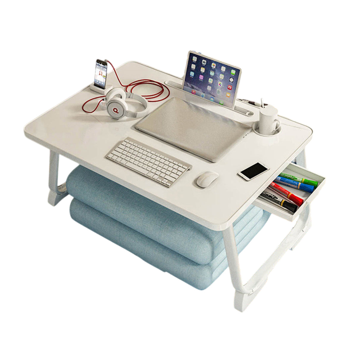 Folding Bed Desk Portable Floor Table with Drawer for Small Spaces