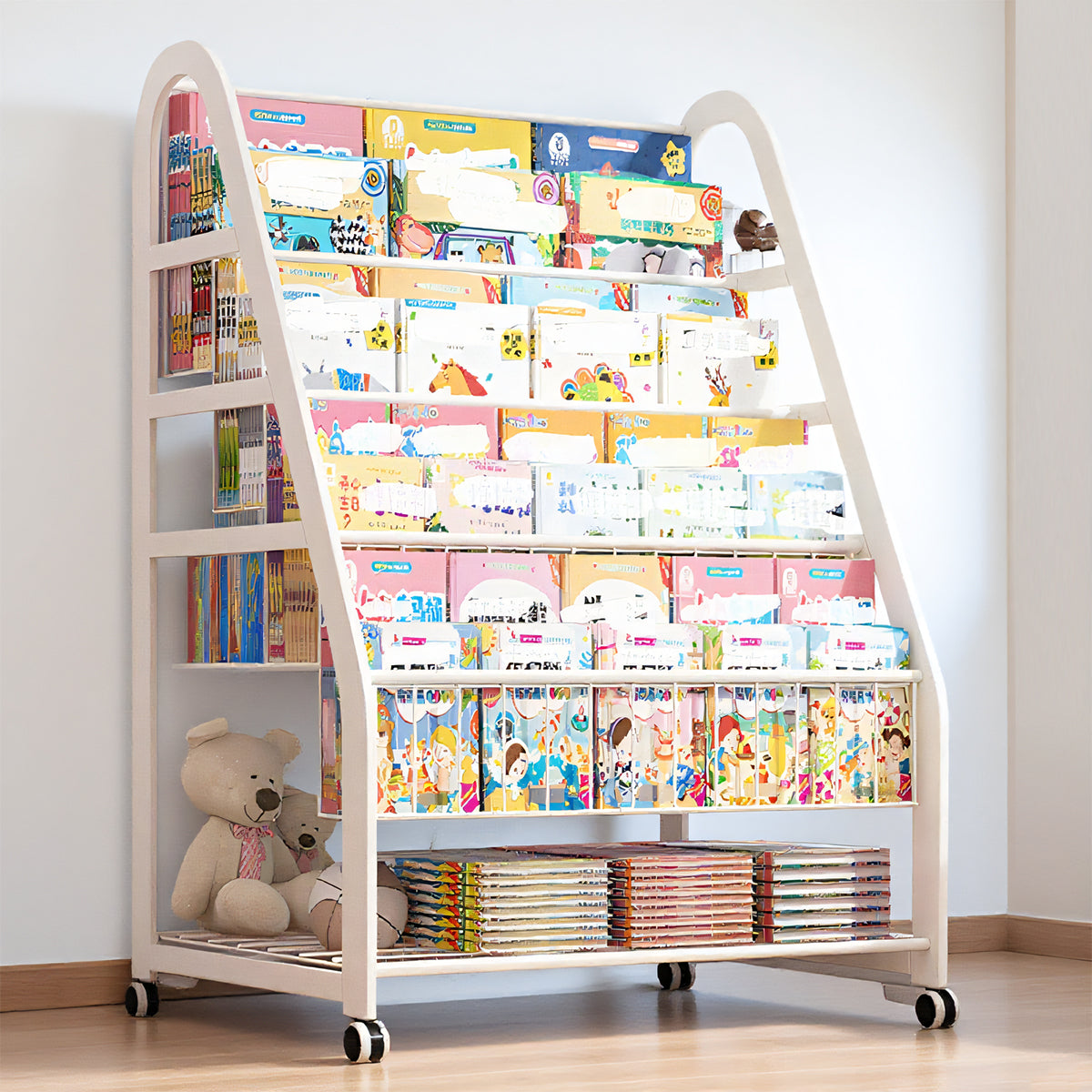 Kids Wooden Bookcase Multilayer Shelf with Wheels