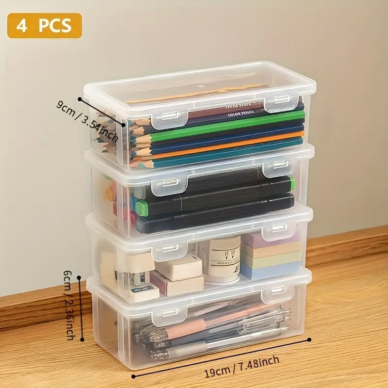 4 Pcs Transparent Stationery Organiser Box with Lids Stackable