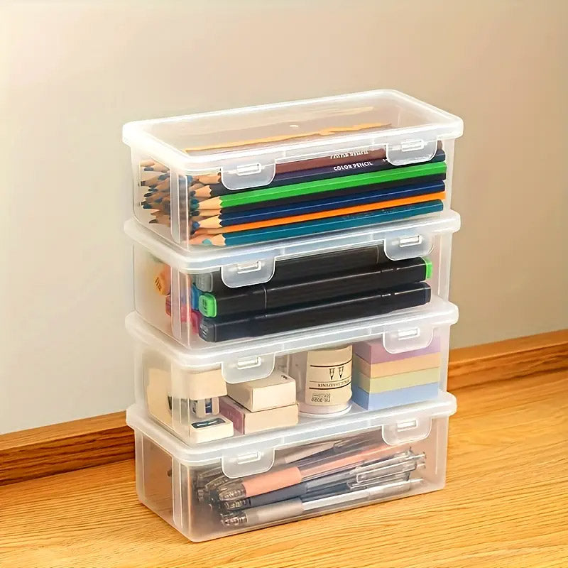 4 Pcs Transparent Stationery Organiser Box with Lids Stackable