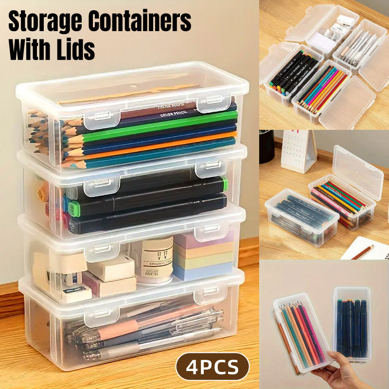 4 Pcs Transparent Stationery Organiser Box with Lids Stackable