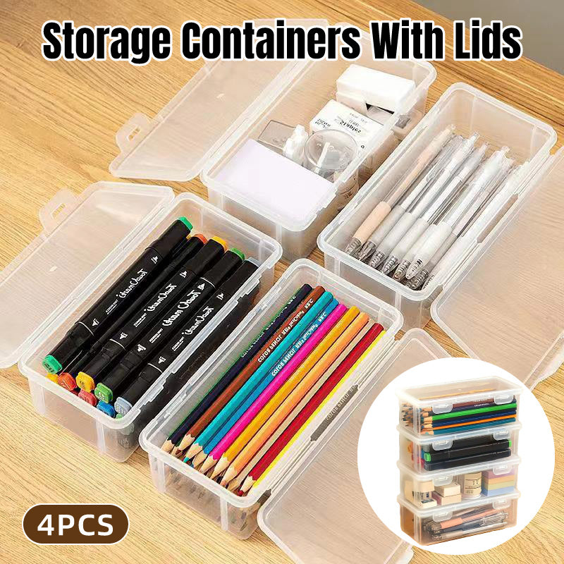 4 Pcs Transparent Stationery Organiser Box with Lids Stackable