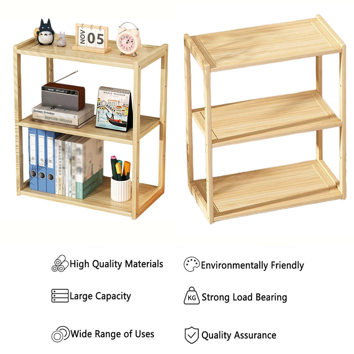 3-Tier Wooden Desktop Shelf Organiser Natural Finish