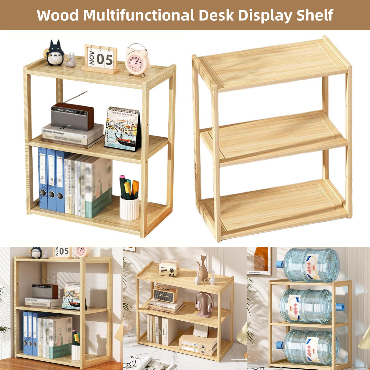 3-Tier Wooden Desktop Shelf Organiser Natural Finish