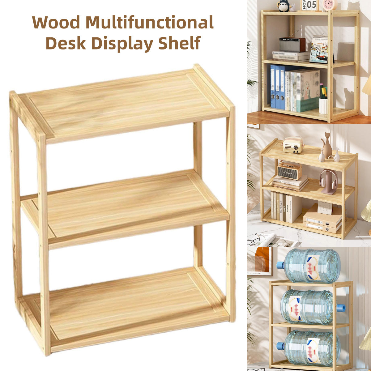 3-Tier Wooden Desktop Shelf Organiser Natural Finish