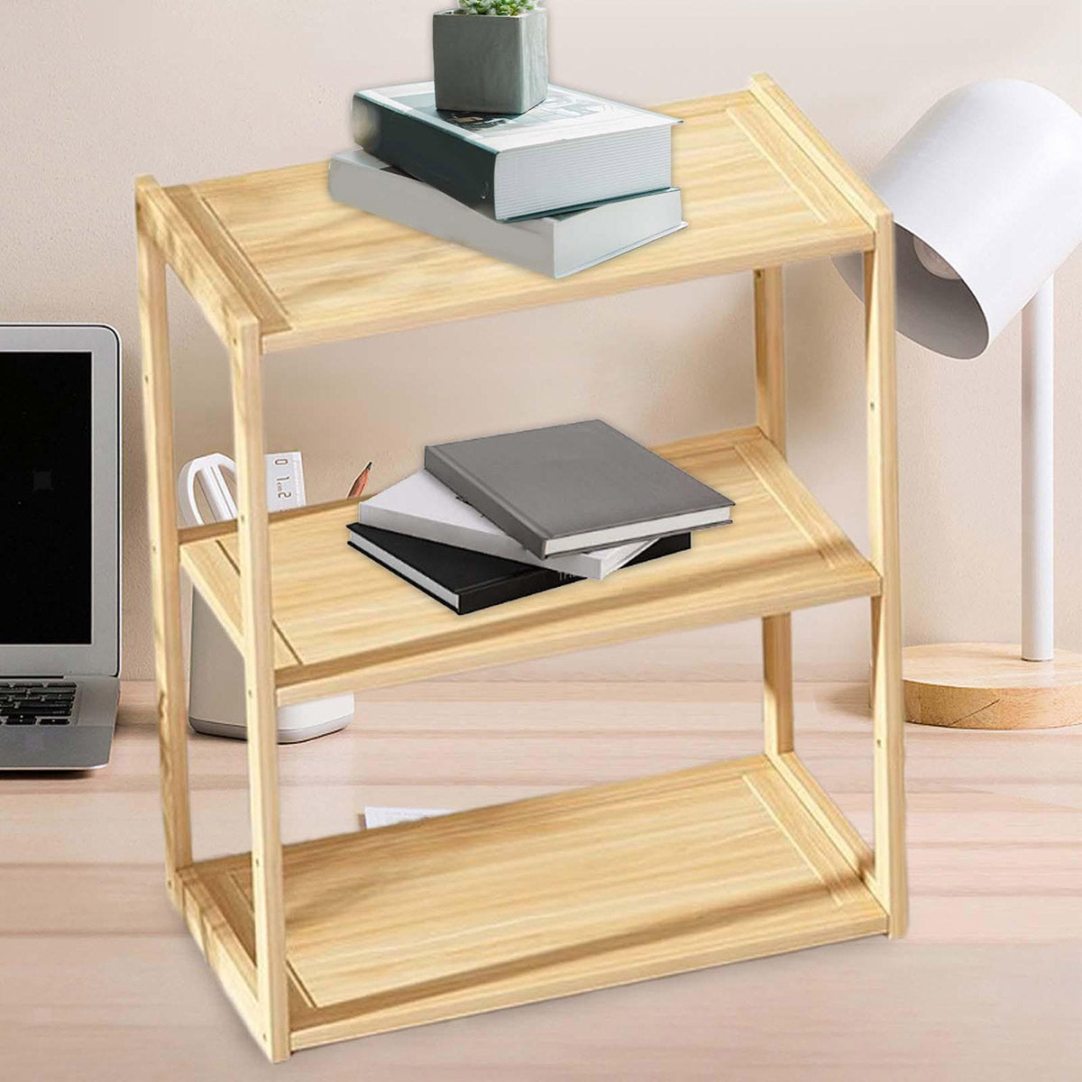 3-Tier Wooden Desktop Shelf Organiser Natural Finish