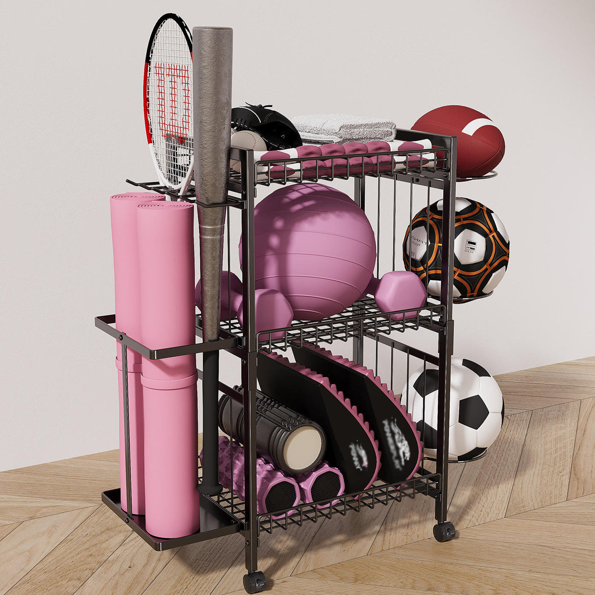 Sports Equipment Storage Rack on Wheels