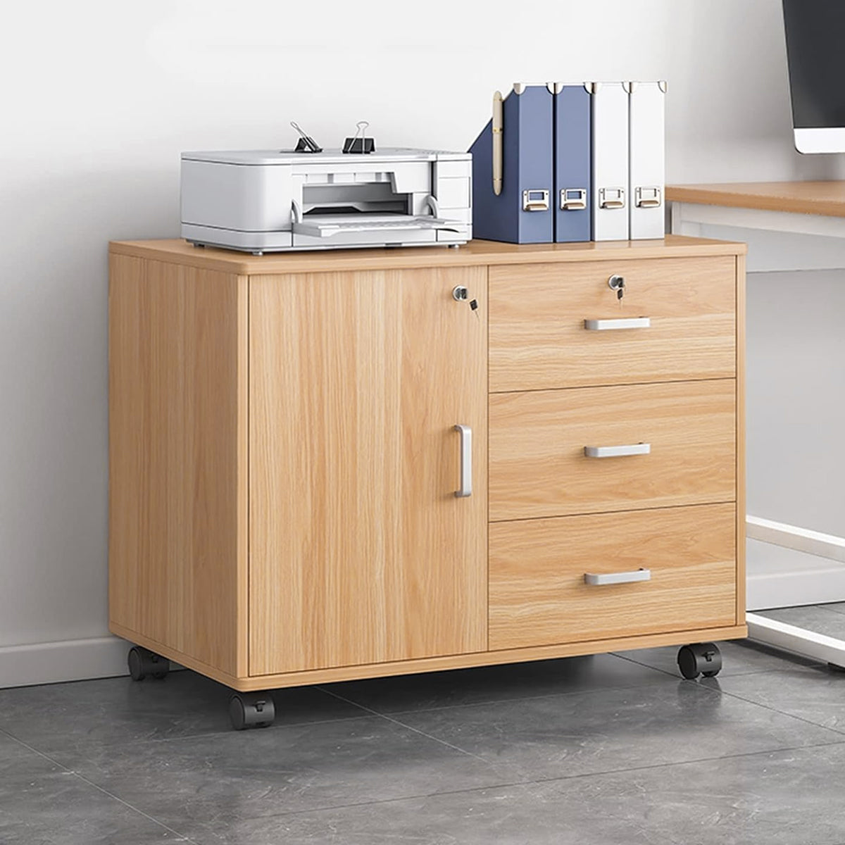 Movable Filing Cabinet with Wheels Locking Doors and Drawers