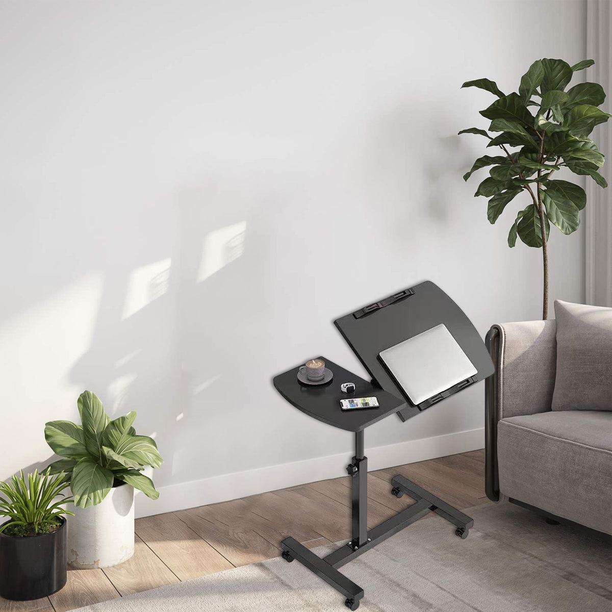 Mobile Height Adjustable Rotatable Bedside Table with Wheels