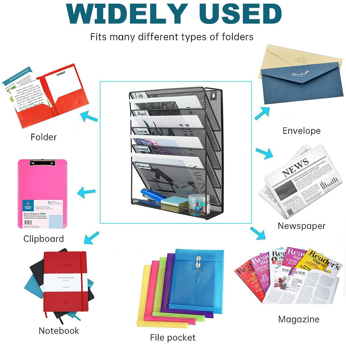 5-Tier Iron File Organiser Wall-Mount or Desktop Black Mesh