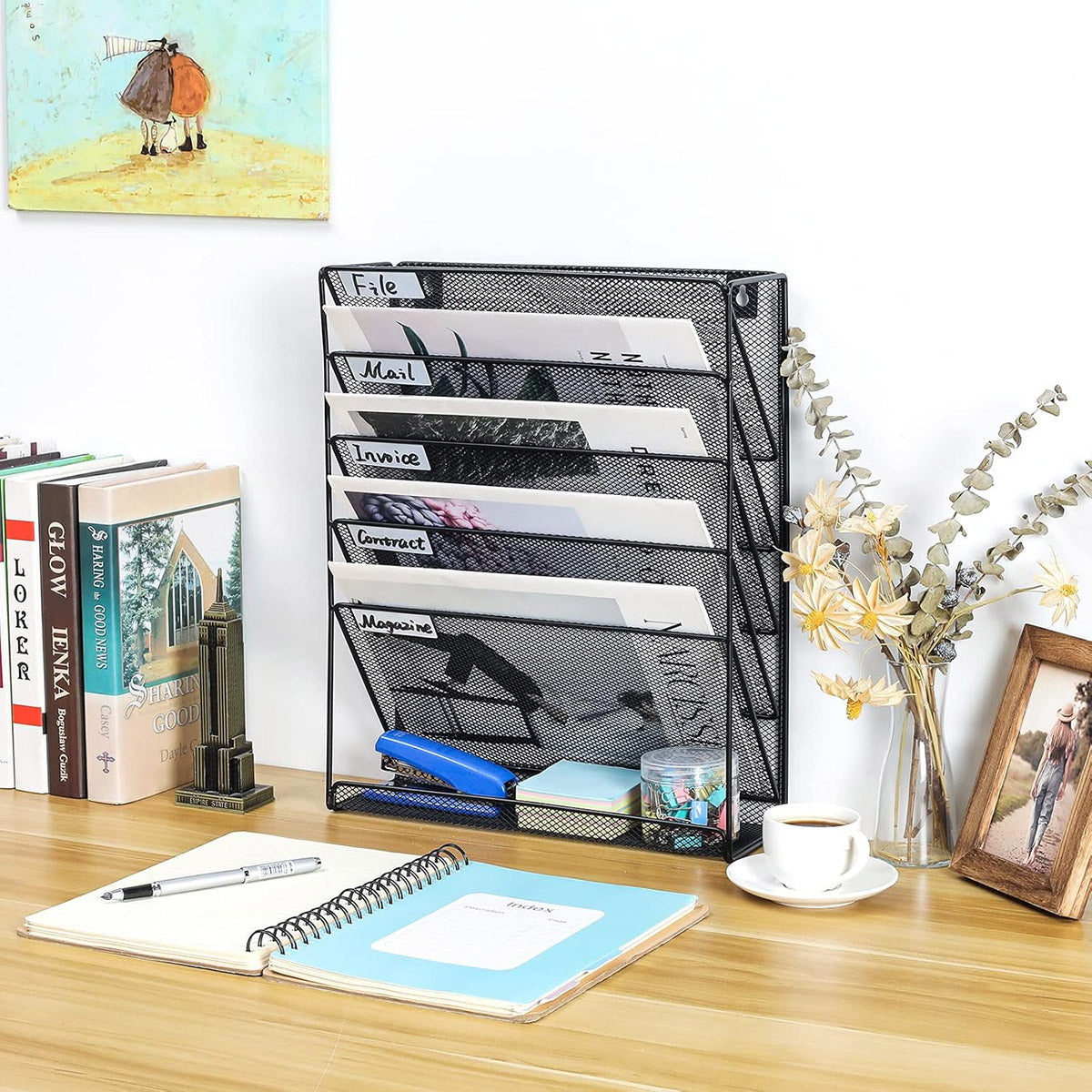 5-Tier Iron File Organiser Wall-Mount or Desktop Black Mesh