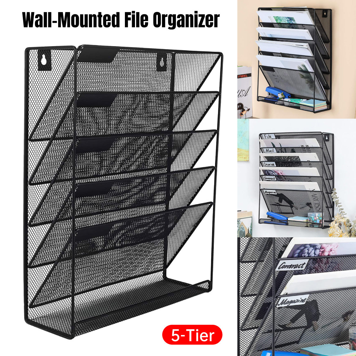 5-Tier Iron File Organiser Wall-Mount or Desktop Black Mesh