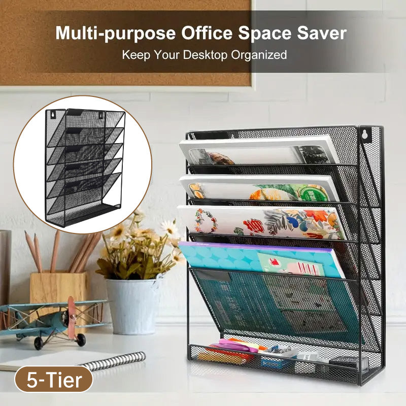 5-Tier Iron File Organiser Wall-Mount or Desktop Black Mesh