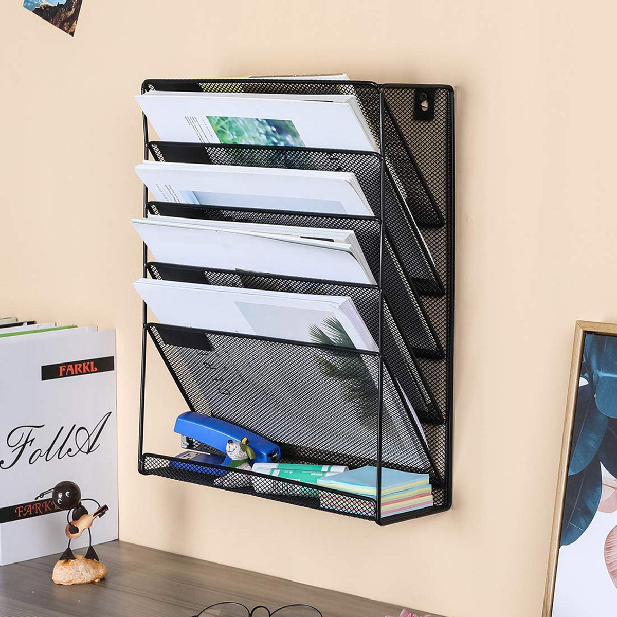 5-Tier Iron File Organiser Wall-Mount or Desktop Black Mesh