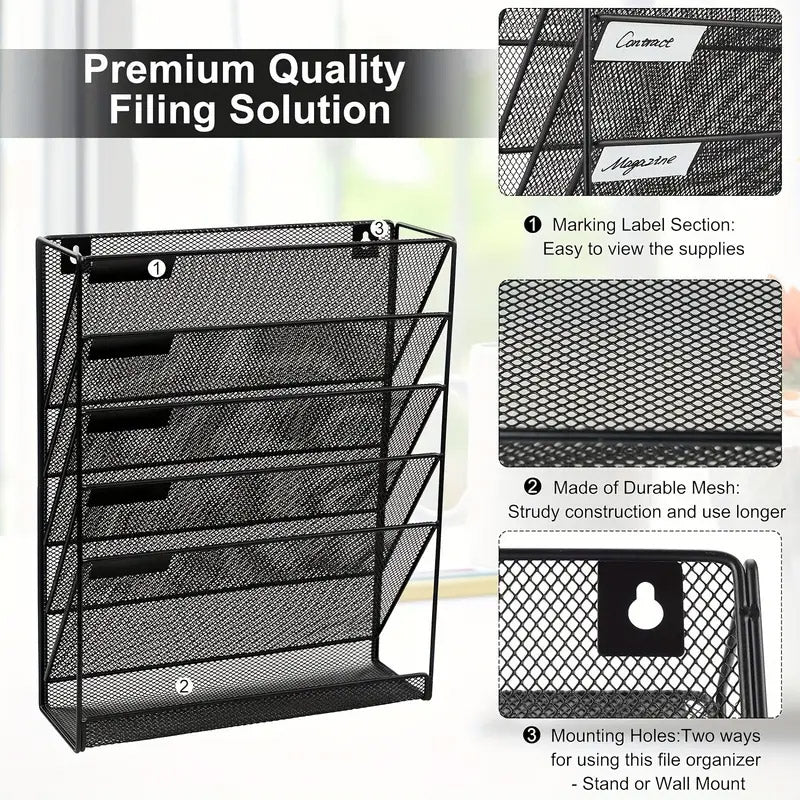 5-Tier Iron File Organiser Wall-Mount or Desktop Black Mesh