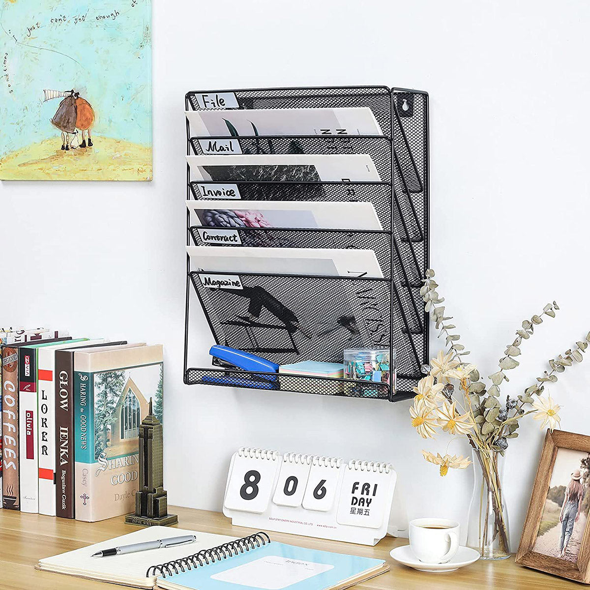5-Tier Iron File Organiser Wall-Mount or Desktop Black Mesh