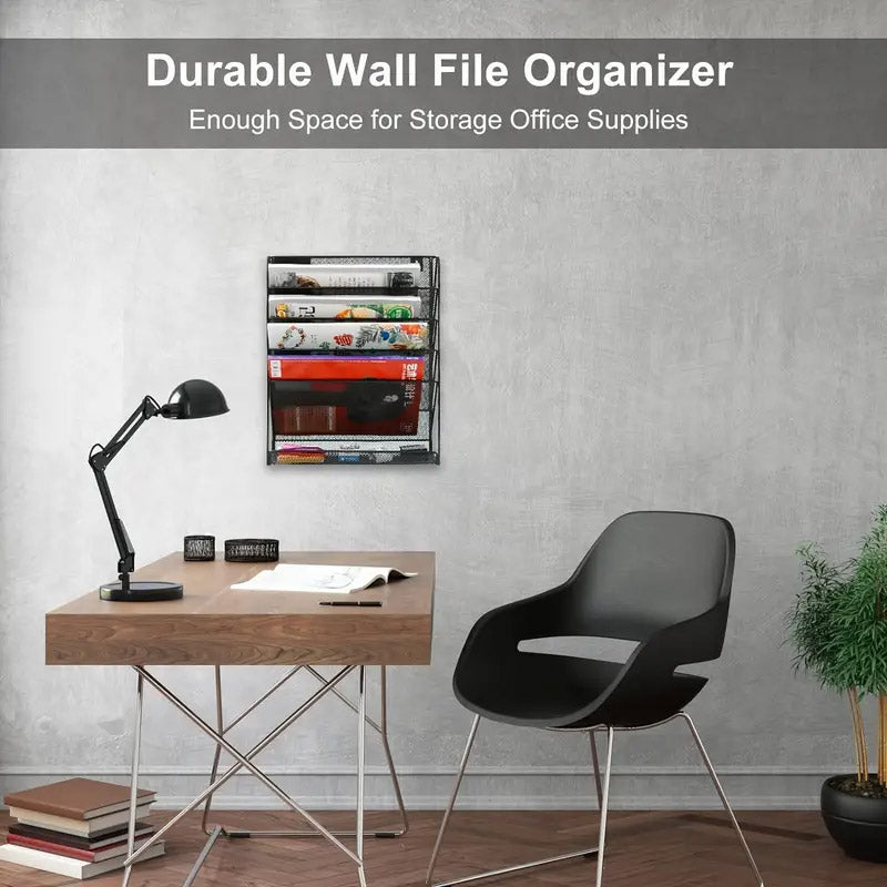 5-Tier Iron File Organiser Wall-Mount or Desktop Black Mesh