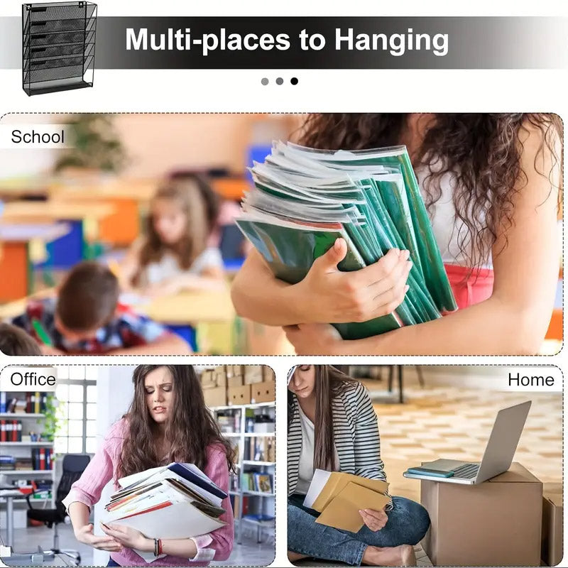 5-Tier Iron File Organiser Wall-Mount or Desktop Black Mesh