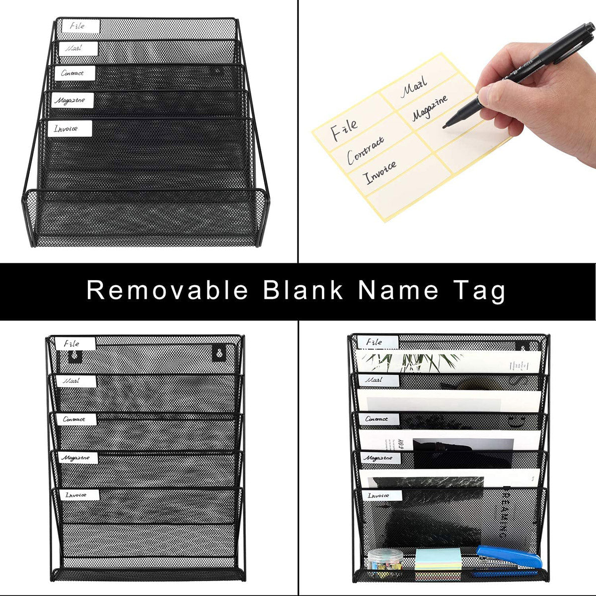 5-Tier Iron File Organiser Wall-Mount or Desktop Black Mesh