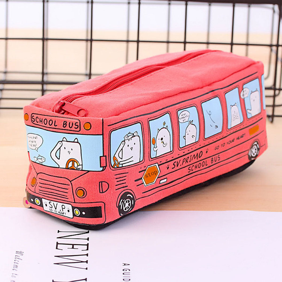 4 Pcs Cartoon Bus Pencil Case Large Capacity Washable Canvas
