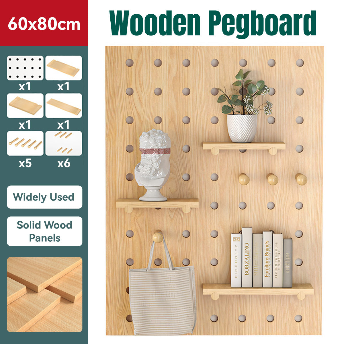 Wooden Pegboard Wall Organizer with Shelves Hooks