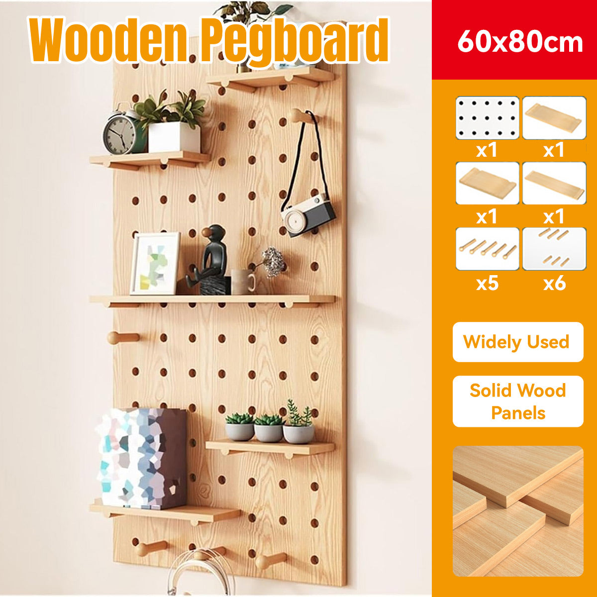 Wooden Pegboard Wall Organizer with Shelves Hooks