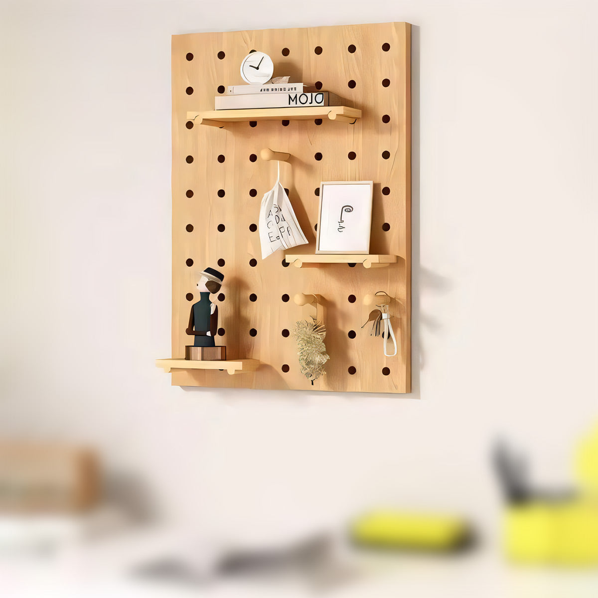 Wooden Pegboard Wall Organizer with Shelves Hooks