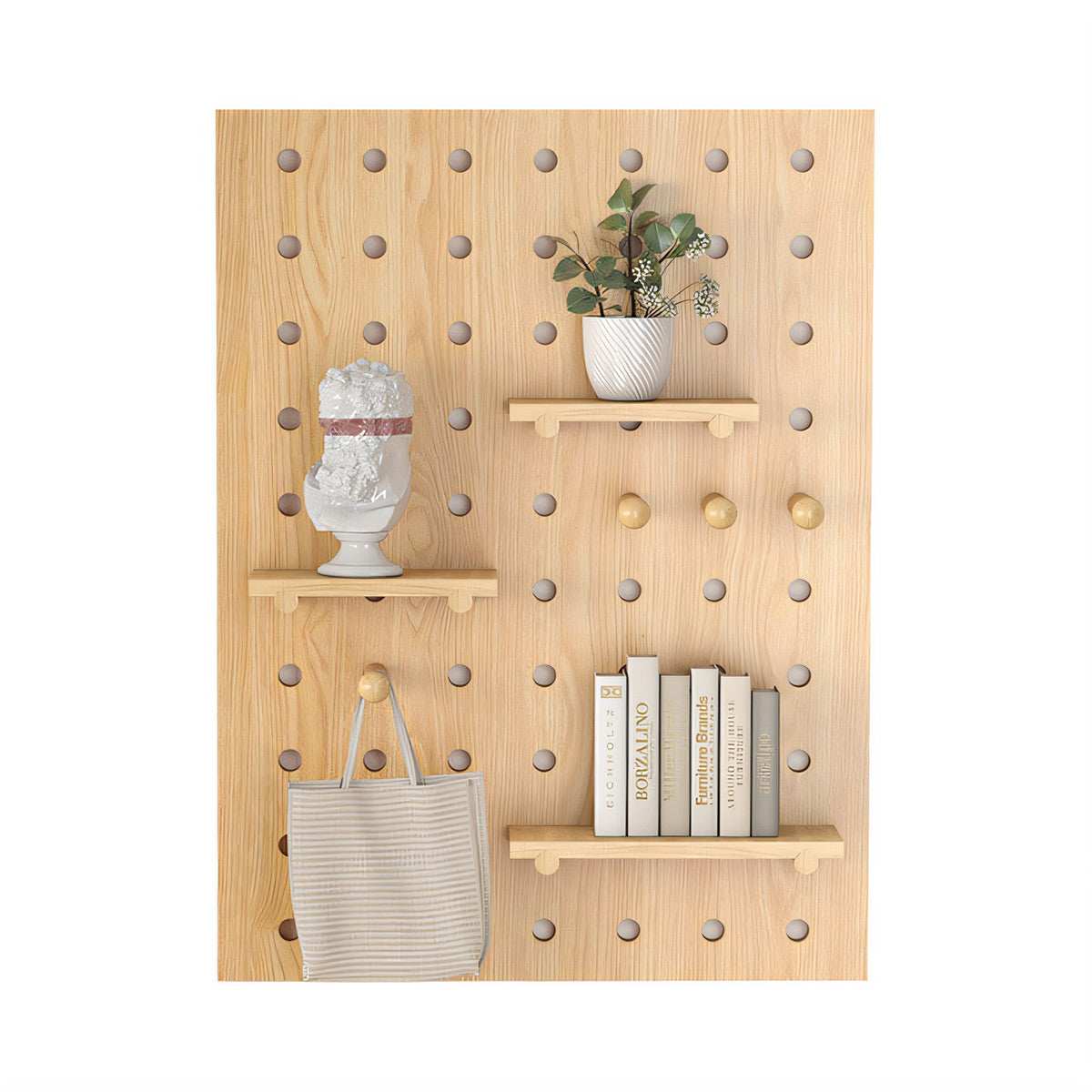 Wooden Pegboard Wall Organizer with Shelves Hooks
