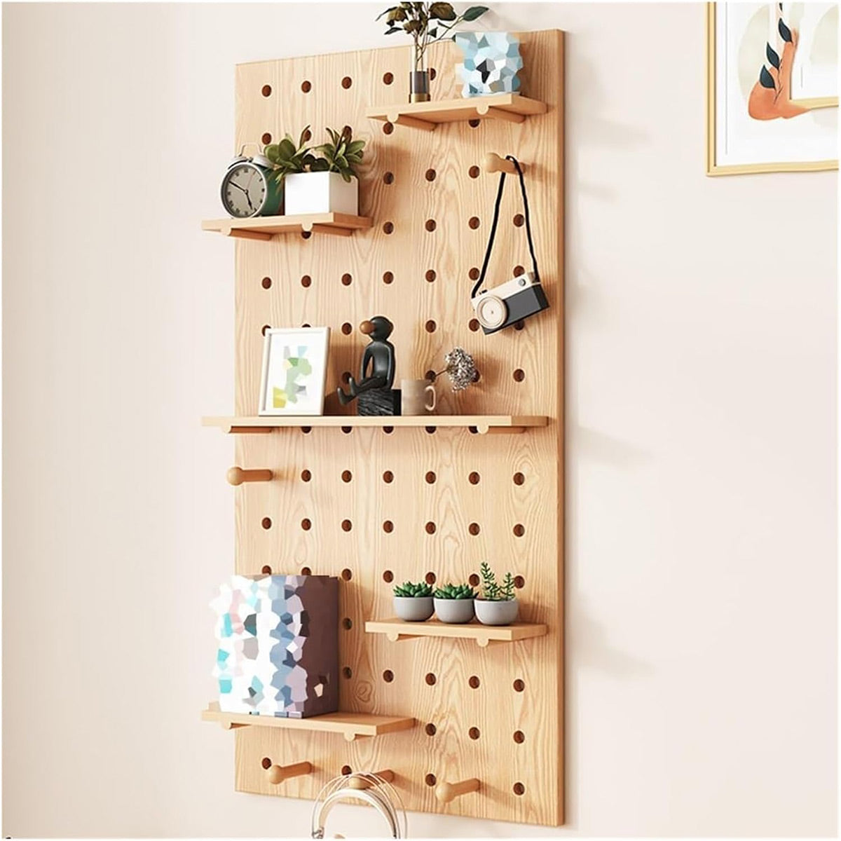 Wooden Pegboard Wall Organizer with Shelves Hooks