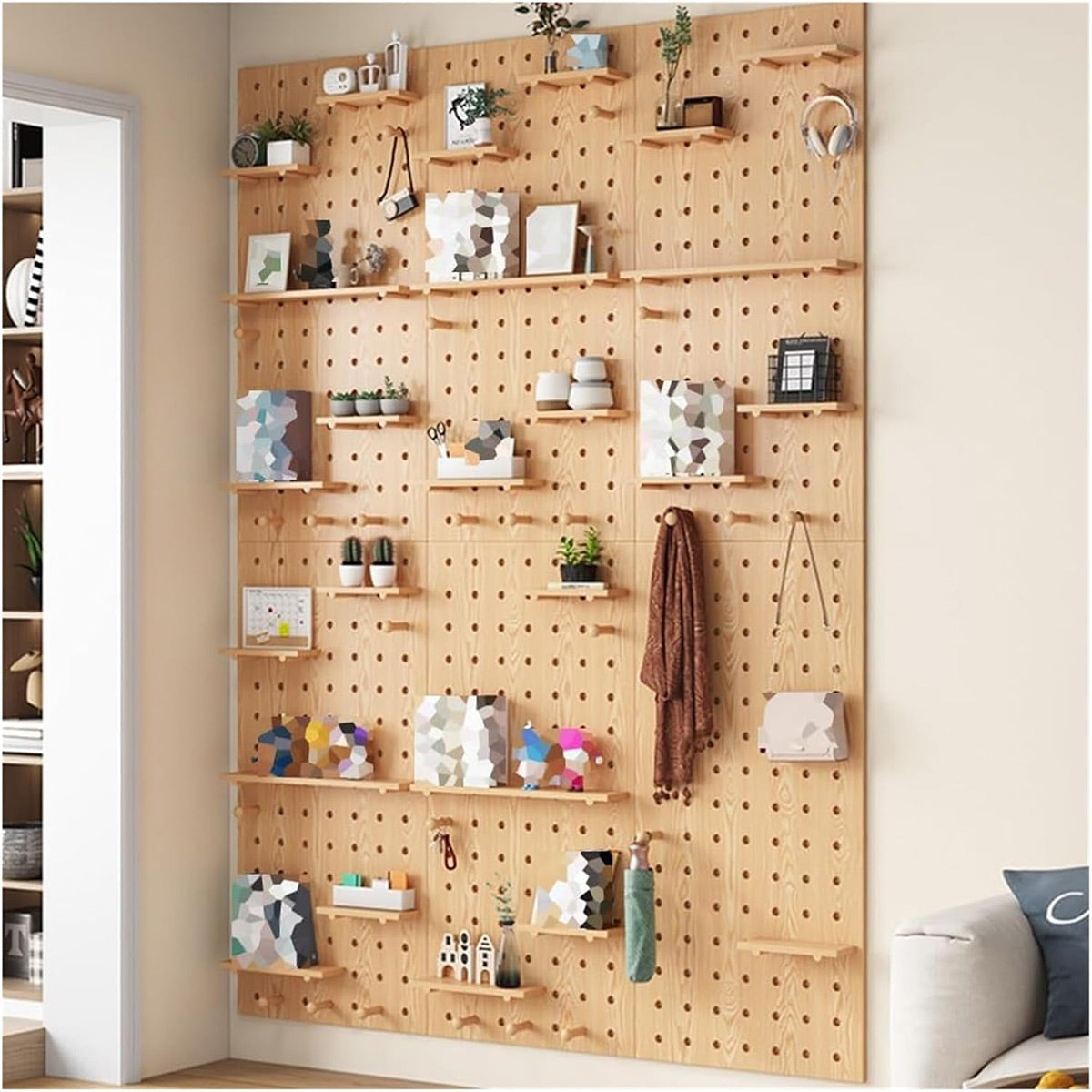 Wooden Pegboard Wall Organizer with Shelves Hooks