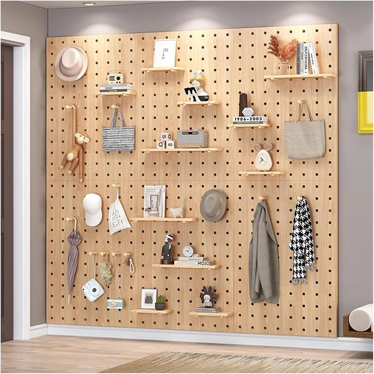 Wooden Pegboard Wall Organizer with Shelves Hooks