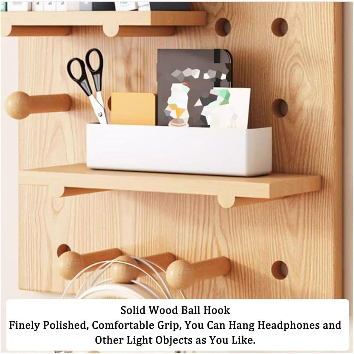 Wooden Pegboard Wall Organizer with Shelves Hooks