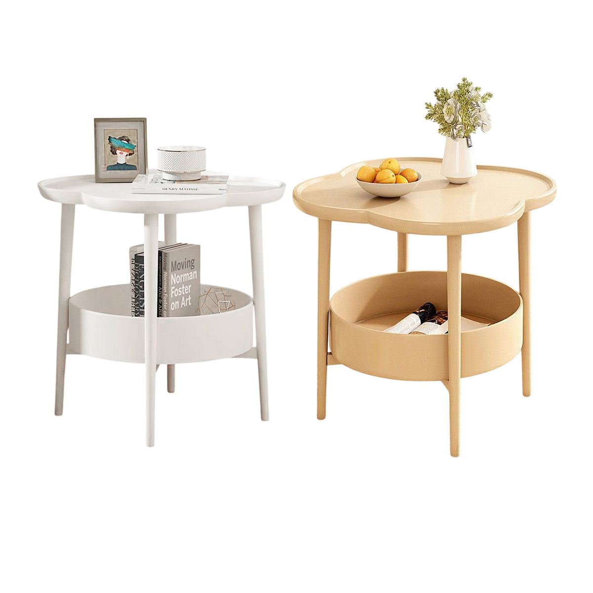 Double Layer Side Table with Clover Top and Storage Shelf for Compact ...