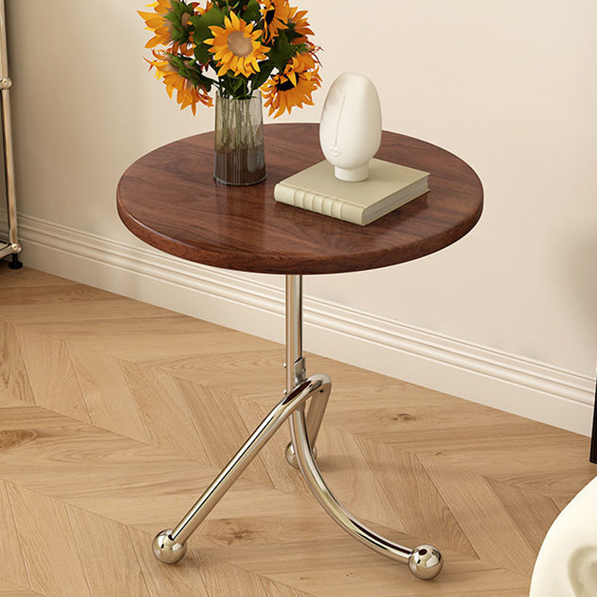 Vintage Round Side Table with Wooden Top for Living Room