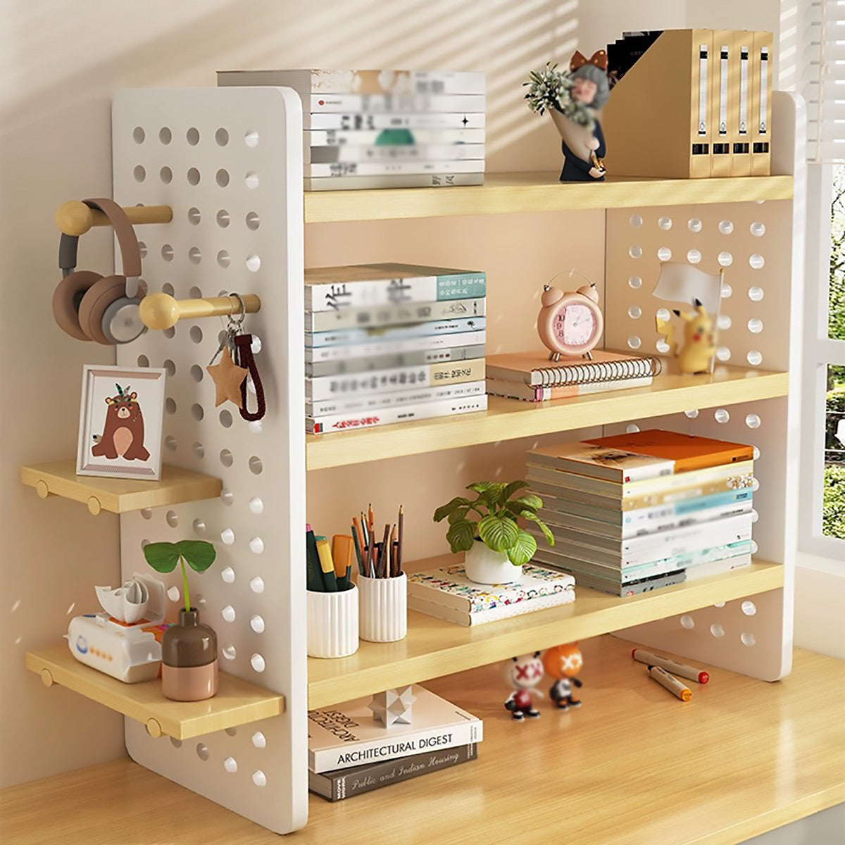 3 Tier Desktop Bookshelf with Pegboard Storage Organizer