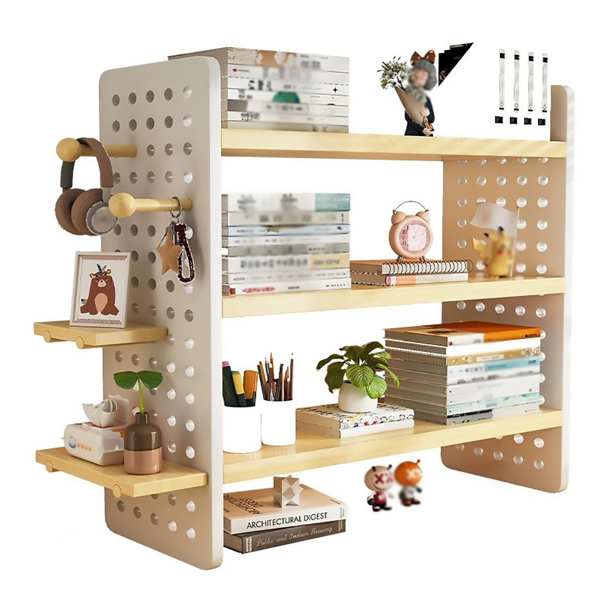 3 Tier Desktop Bookshelf with Pegboard Storage Organizer
