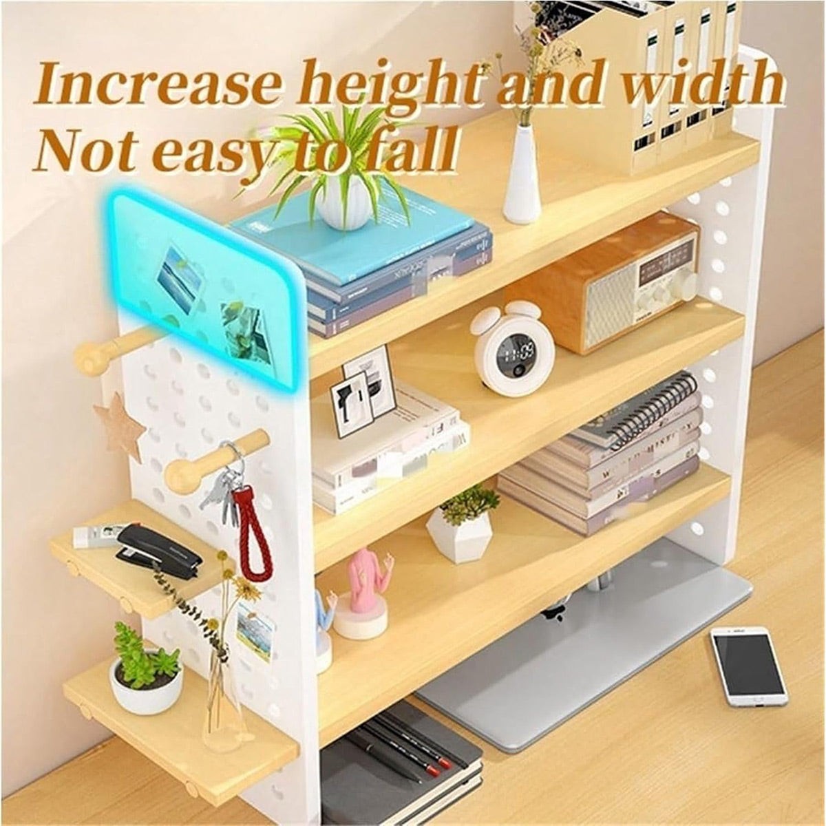 3 Tier Desktop Bookshelf with Pegboard Storage Organizer