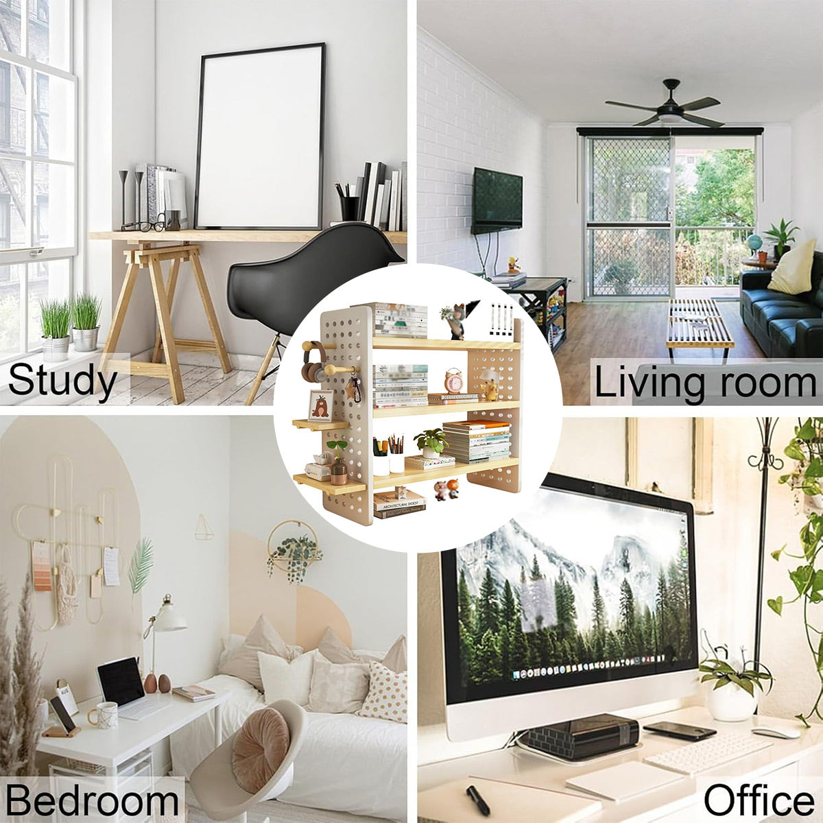 3 Tier Desktop Bookshelf with Pegboard Storage Organizer