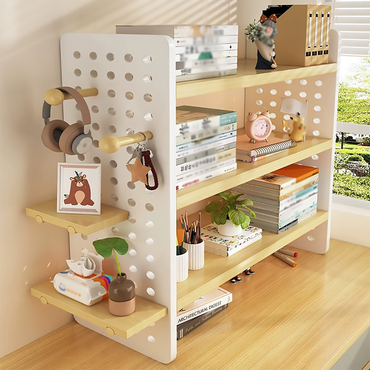 3 Tier Desktop Bookshelf with Pegboard Storage Organizer
