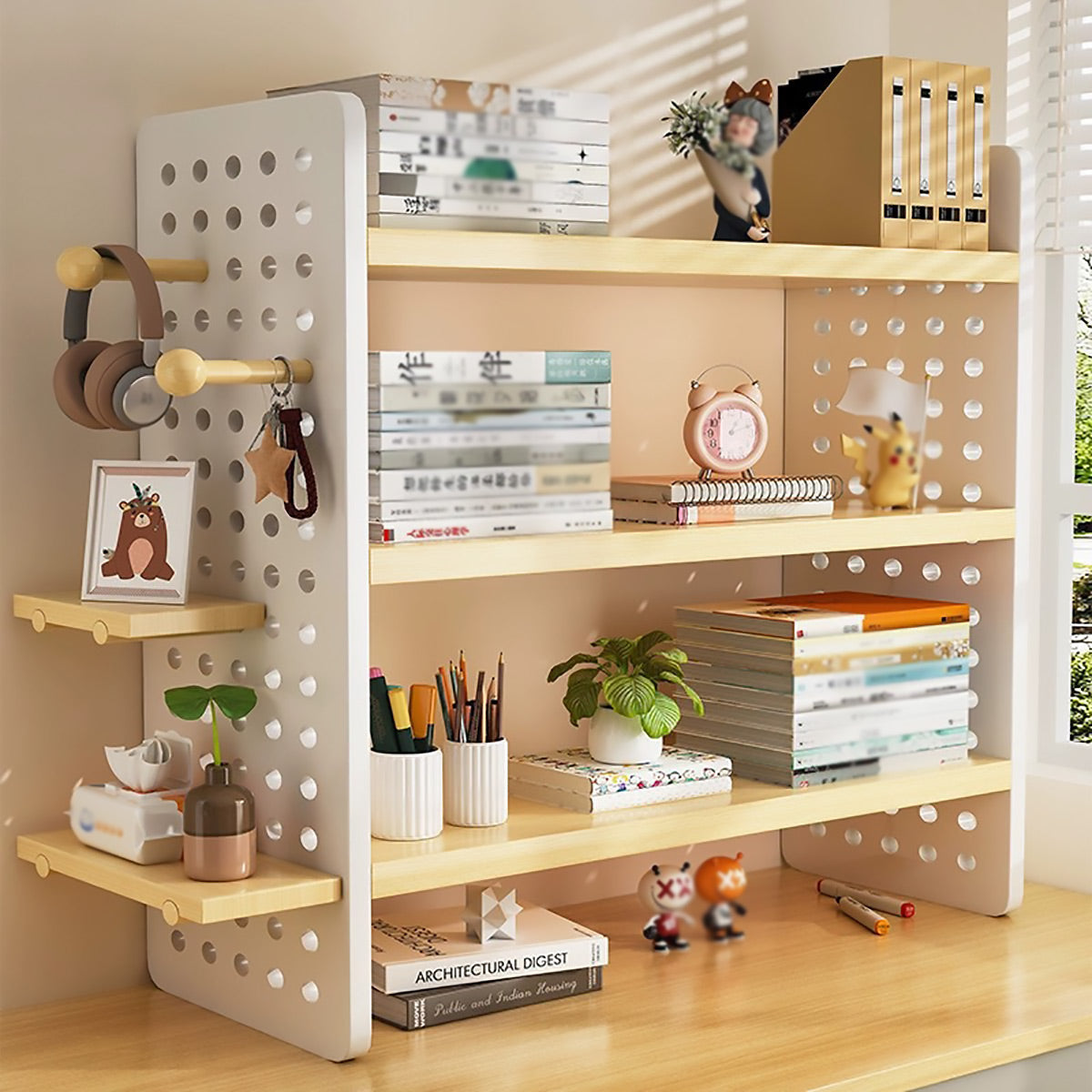 3 Tier Desktop Bookshelf with Pegboard Storage Organizer