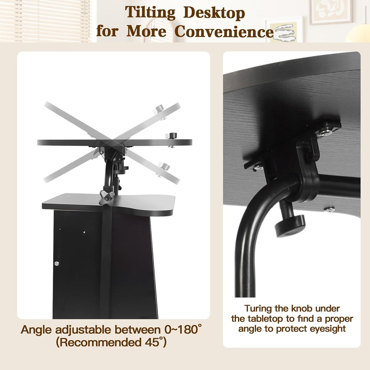 Mobile Adjustable Sofa Side Table with Tilting Desktop and Storage Layers