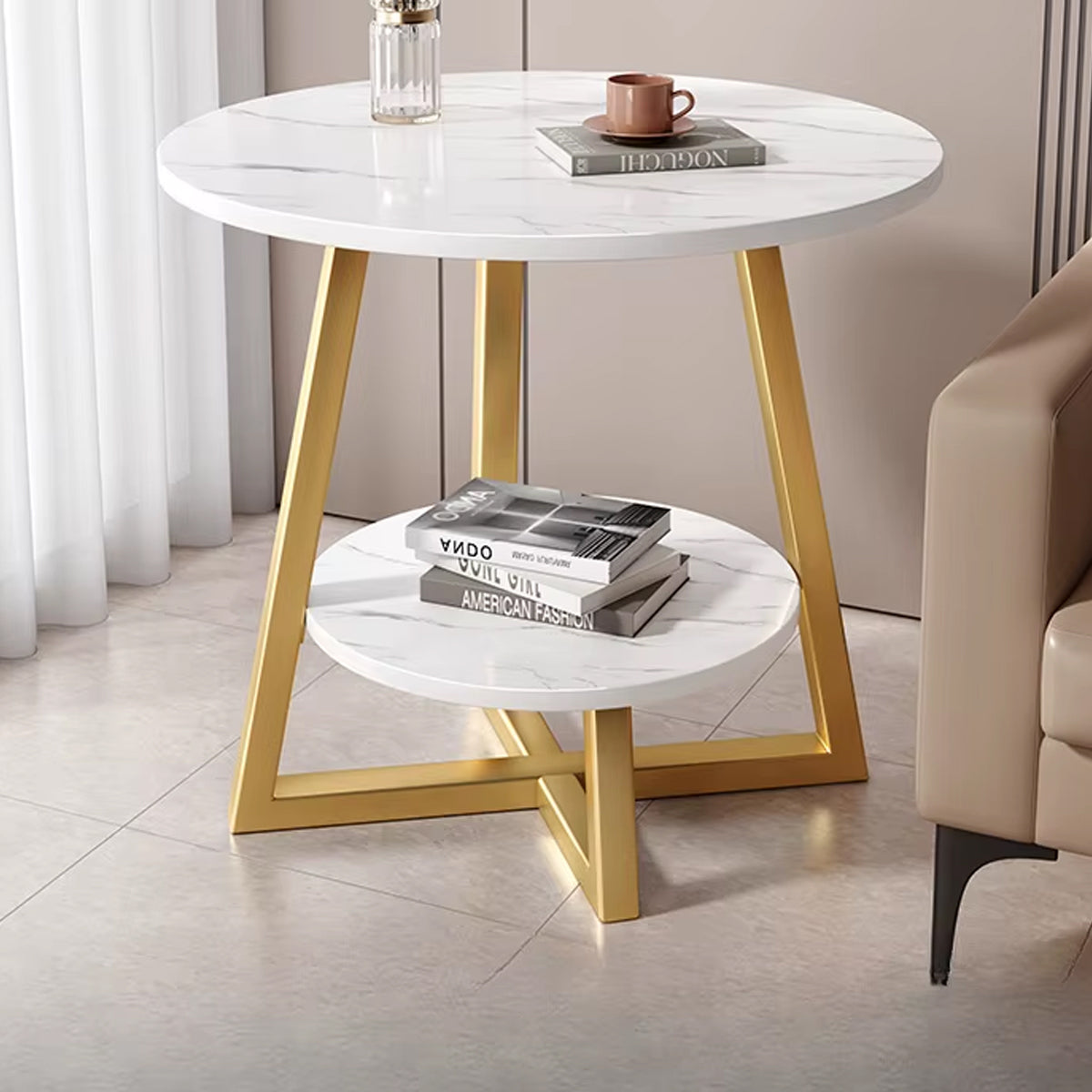 2 Tier Round Side Table White Marble Design Metal Frame