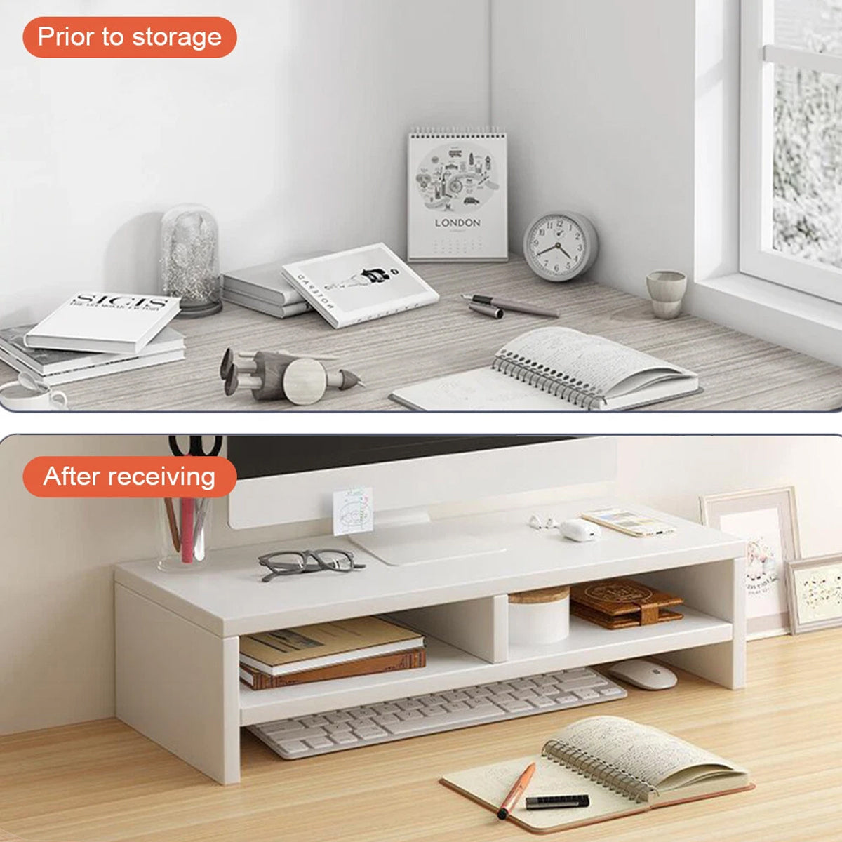 2 Pcs Monitor Riser and 3-Tier Desk Storage Rack White Wood