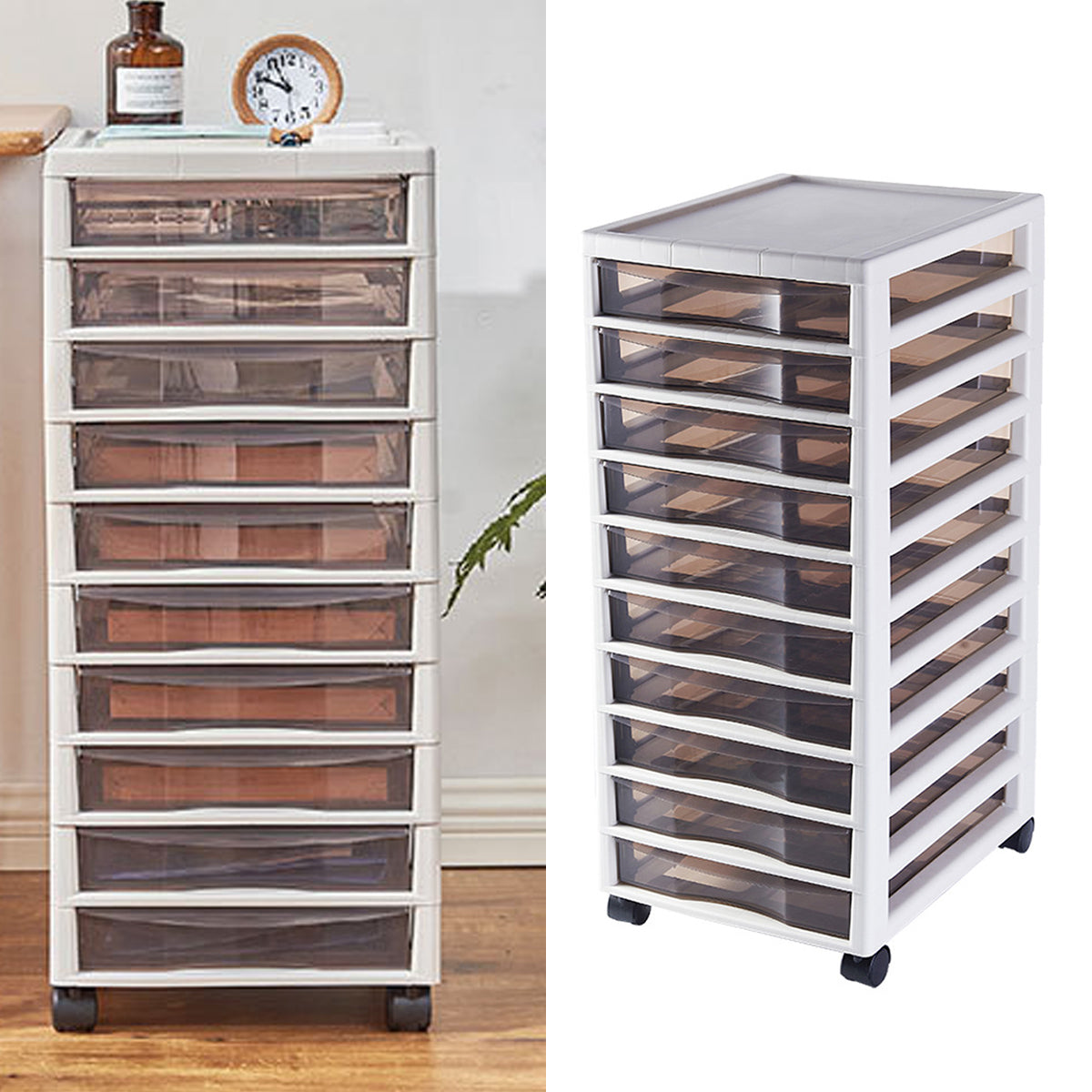 10-Layer Plastic Chest of Drawers with Wheels Transparent