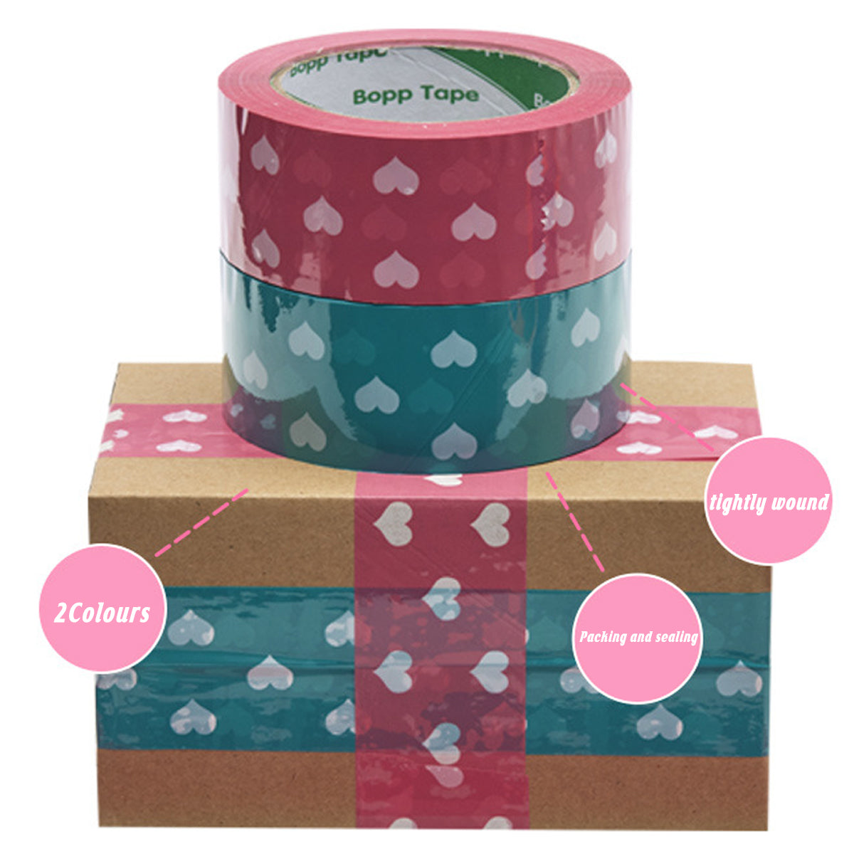 5 Rolls Cute Heart Design Packing Tape Adhesive Set Pink & Blue