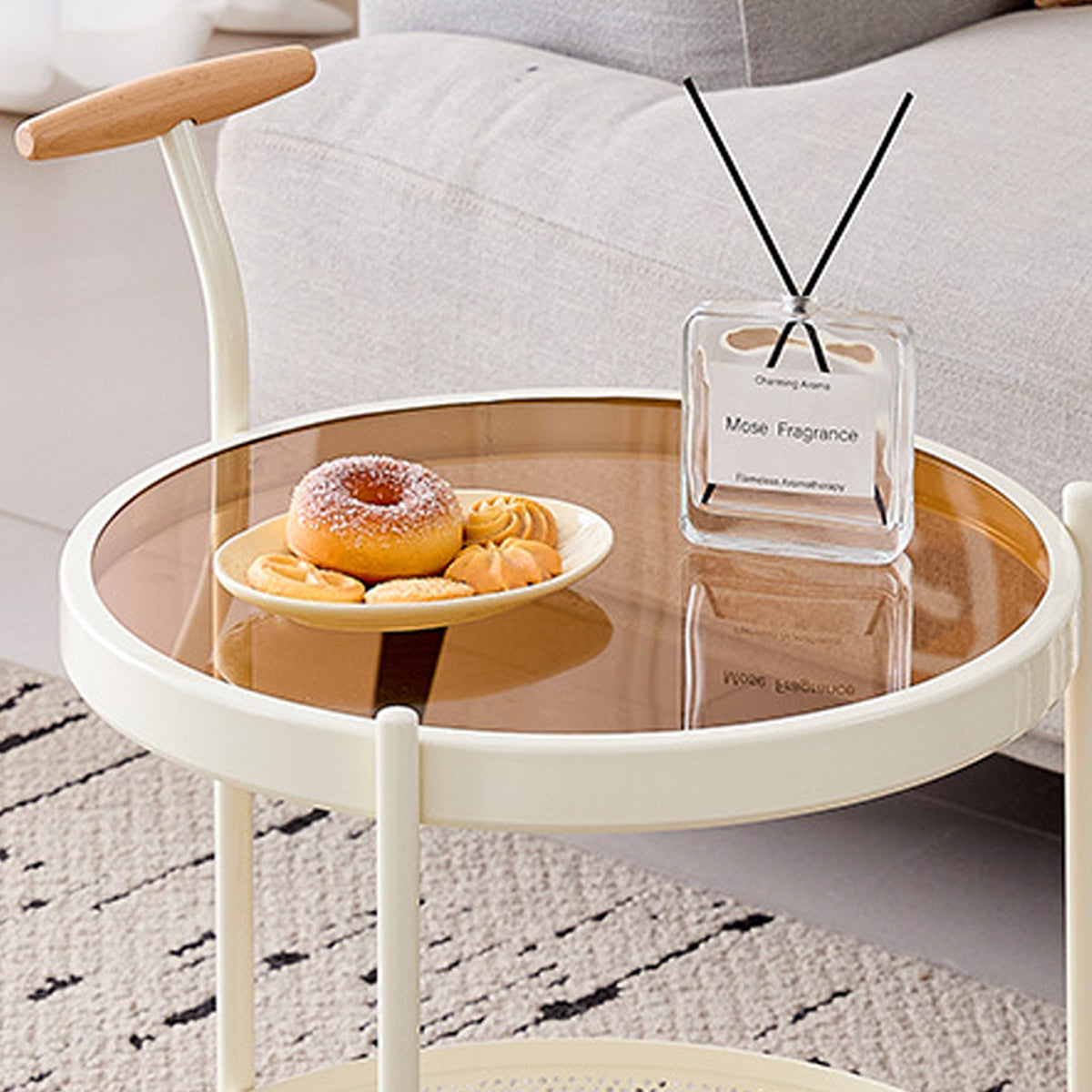 Movable Side Table with Rolling Caster Wheels 2 Tier Design