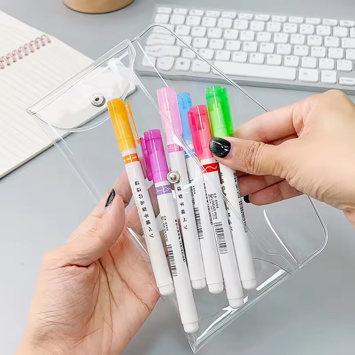 7 Pcs Transparent Pencil Bags PVC Snap Button Assorted Colours