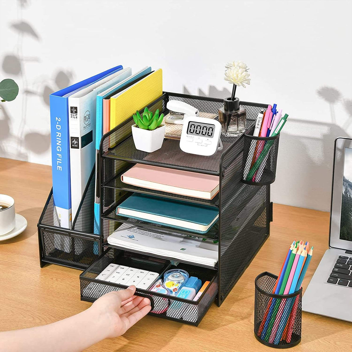 Multi-Tier Desktop File Organizer Metal Mesh Drawer