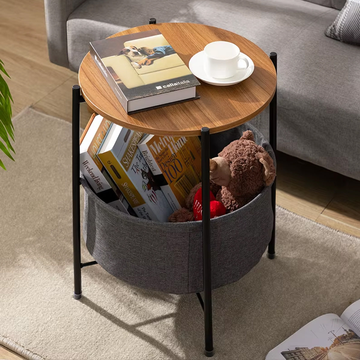 Round Side Table with Storage Basket for Breakroom and Living Room