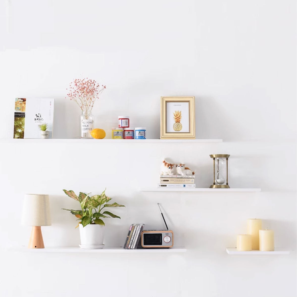 4 Pcs Wooden Floating Wall Shelves White Decorative Set